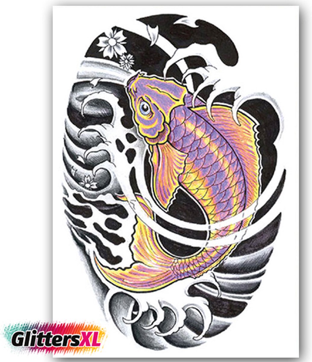 GlittersXL - Temporary Tattoo Vis/Karper (A5 formaat) [Neptattoo - Tijdelijke tatoeage - Nep Fake Tattoos - Water overdraagbare festival sticker henna outfit tattoo - Glitter tattoo - Volwassenen Kinderen Jongen Meisje]